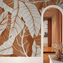 Botanical Wallpaper Featuring Large Tropical Leaves in Terracotta and Gray - B957