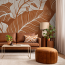 Botanical Wallpaper Featuring Large Tropical Leaves in Terracotta and Gray - B957