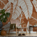 Botanical Wallpaper Featuring Large Tropical Leaves in Terracotta and Gray - B957