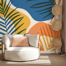 Tropical Wallpaper with Abstract Botanical Shapes in Blue, Yellow, and Orange - B959