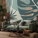 Tropical Abstract Wallpaper with Leaf Silhouettes in Terracotta and Teal - B961