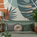 Tropical Abstract Wallpaper with Leaf Silhouettes in Terracotta and Teal - B961