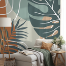 Tropical Abstract Wallpaper with Leaf Silhouettes in Terracotta and Teal - B961