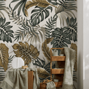 Tropical Wallpaper with Monstera and Palm Leaves in Green and Gold - B964