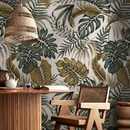 Tropical Wallpaper with Monstera and Palm Leaves in Green and Gold - B964