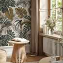 Tropical Wallpaper with Monstera and Palm Leaves in Green and Gold - B964
