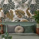Tropical Wallpaper with Monstera and Palm Leaves in Green and Gold - B964