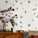 Botanical Wallpaper with Dandelions and Dragonflies in Green, Orange, and Pink - B975