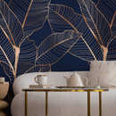 Botanical Wallpaper with an Elegant Leaf Motif in Navy Blue and Copper - B983