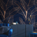Botanical Wallpaper with an Elegant Leaf Motif in Navy Blue and Copper - B983