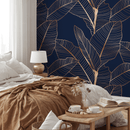 Botanical Wallpaper with an Elegant Leaf Motif in Navy Blue and Copper - B983