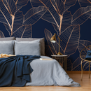 Botanical Wallpaper with an Elegant Leaf Motif in Navy Blue and Copper - B983
