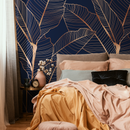Botanical Wallpaper with an Elegant Leaf Motif in Navy Blue and Copper - B983