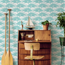 Coastal Wallpaper with a Block Print Fish Motif in Teal - B986
