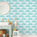 Coastal Wallpaper with a Block Print Fish Motif in Teal - B986