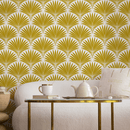 Art Deco Wallpaper with a Stylized Palm Frond Motif in Mustard Yellow - B987