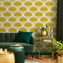 Art Deco Wallpaper with a Stylized Palm Frond Motif in Mustard Yellow - B987