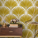 Art Deco Wallpaper with a Stylized Palm Frond Motif in Mustard Yellow - B987