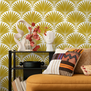 Art Deco Wallpaper with a Stylized Palm Frond Motif in Mustard Yellow - B987