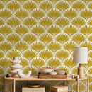 Art Deco Wallpaper with a Stylized Palm Frond Motif in Mustard Yellow - B987