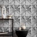 Geometric Wallpaper with a Brushstroke Maze Motif in Black and White - B997