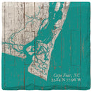 Cape Fear, NC Teal & White Shabby Map Coaster Set