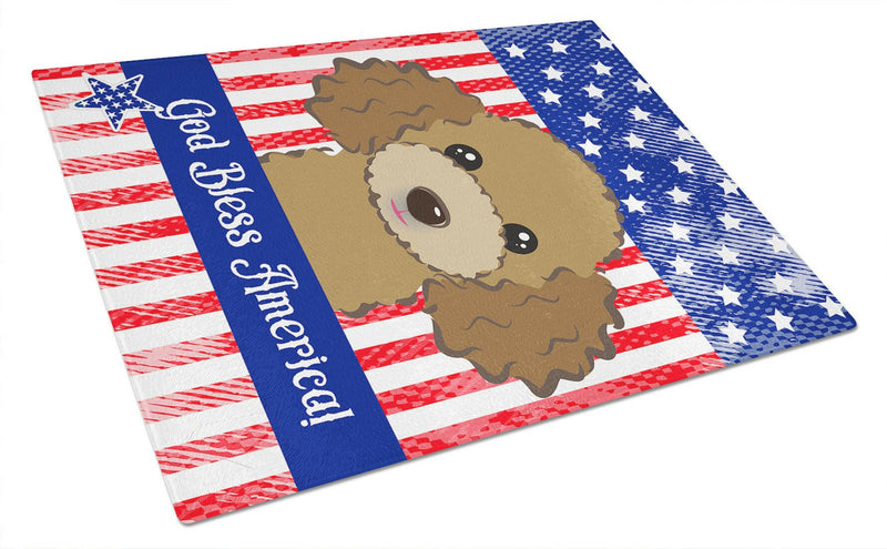 God Bless American Flag with Chocolate Brown Poodle Glass Cutting Board Large BB2186LCB