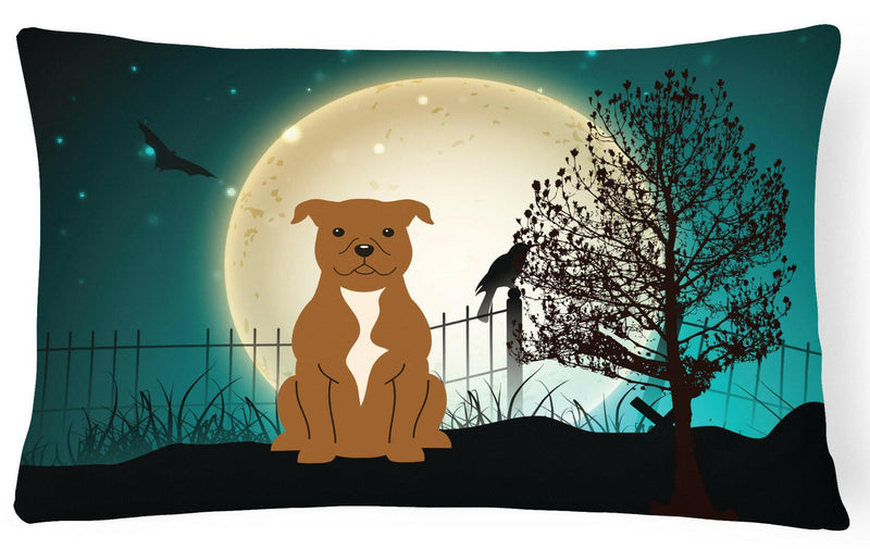 Halloween Scary Staffordshire Bull Terrier Brown Canvas Fabric Decorative Pillow BB2237PW1216