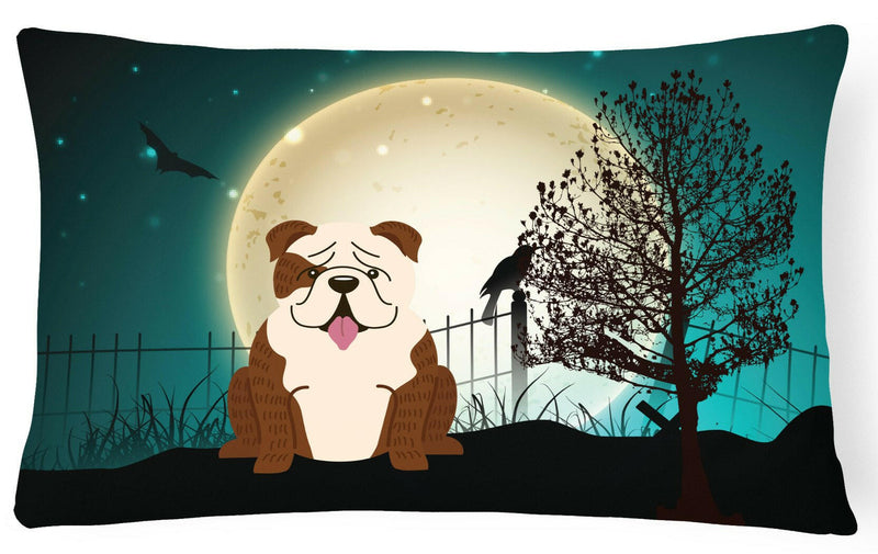 Halloween Scary  English Bulldog Brindle White Canvas Fabric Decorative Pillow BB2311PW1216