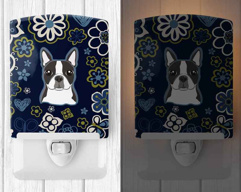 Blue Flowers Boston Terrier Ceramic Night Light BB5054CNL