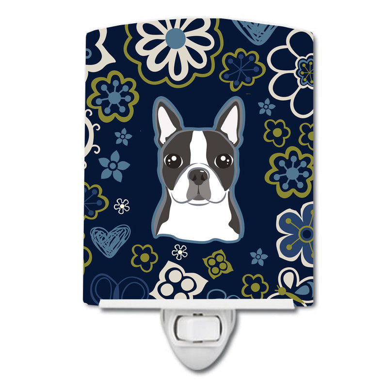 Blue Flowers Boston Terrier Ceramic Night Light BB5054CNL