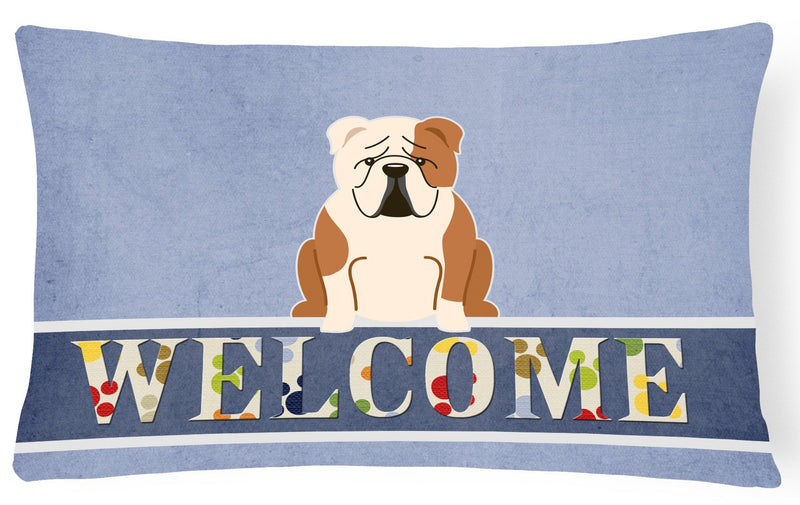 English Bulldog Fawn White Welcome Canvas Fabric Decorative Pillow BB5706PW1216