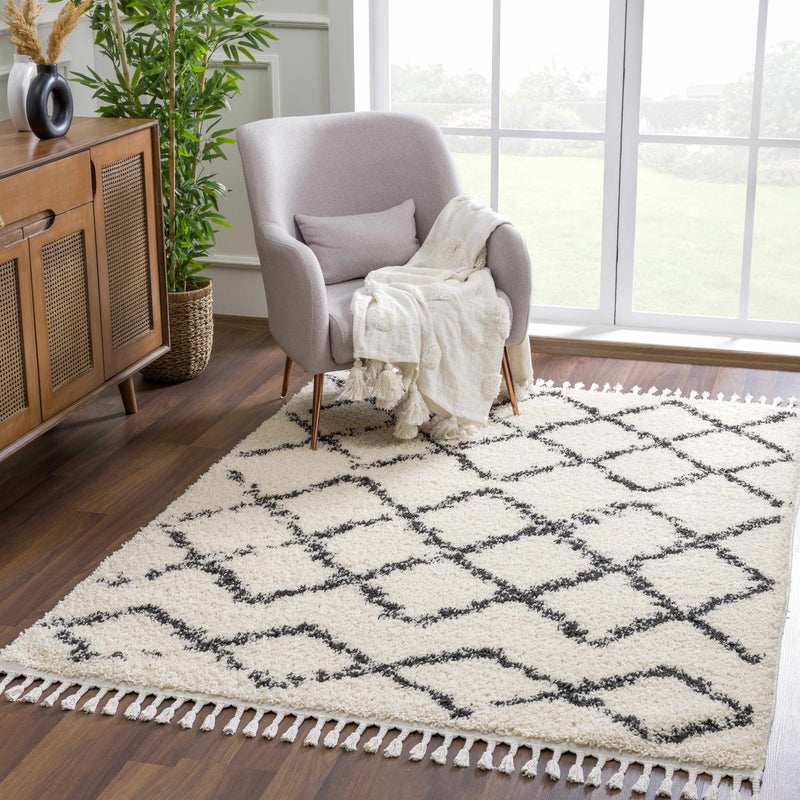 Wallagrass Beige/Black Trellis Tassel Shag