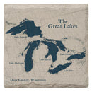 The Great Lakes Labeled Coasters | Drink Coaster Set of 4 | Absorbent Ridged Ceramic with Cork Backing