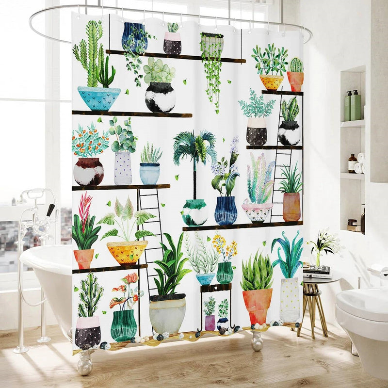 72 Inch Watercolor Plants Botanical Floral Flower Pots Succulents Shower Curtain