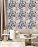 Pink Wallpaper with White Flowers
