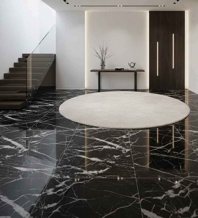 Modern interior with black marble floor, round white rug, and minimalistic decor.