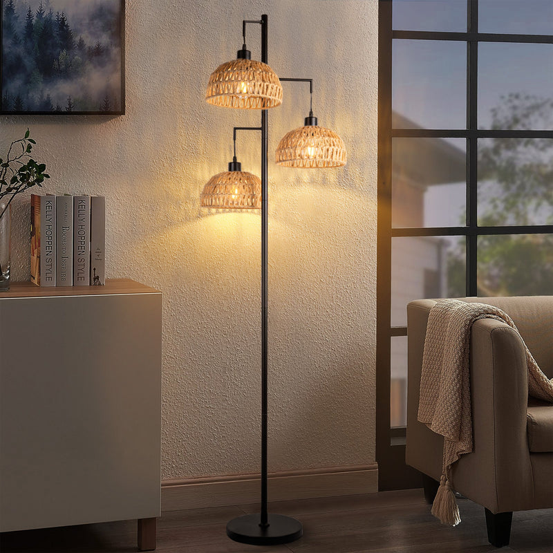 Boho Rattan Floor Lamp with Cage Shade