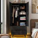 Matte Black Mid-Century Wardrobe Armoire with Louver Doors and LED Lights
