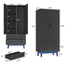 Matte Black Mid-Century Wardrobe Armoire with Louver Doors and LED Lights