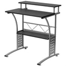 Modern Metal Frame Computer Desk with Black Laminate Top and Raised Shelf
