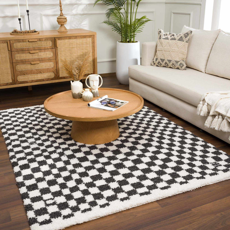 Kieu Black & White Checkered Shag Rug