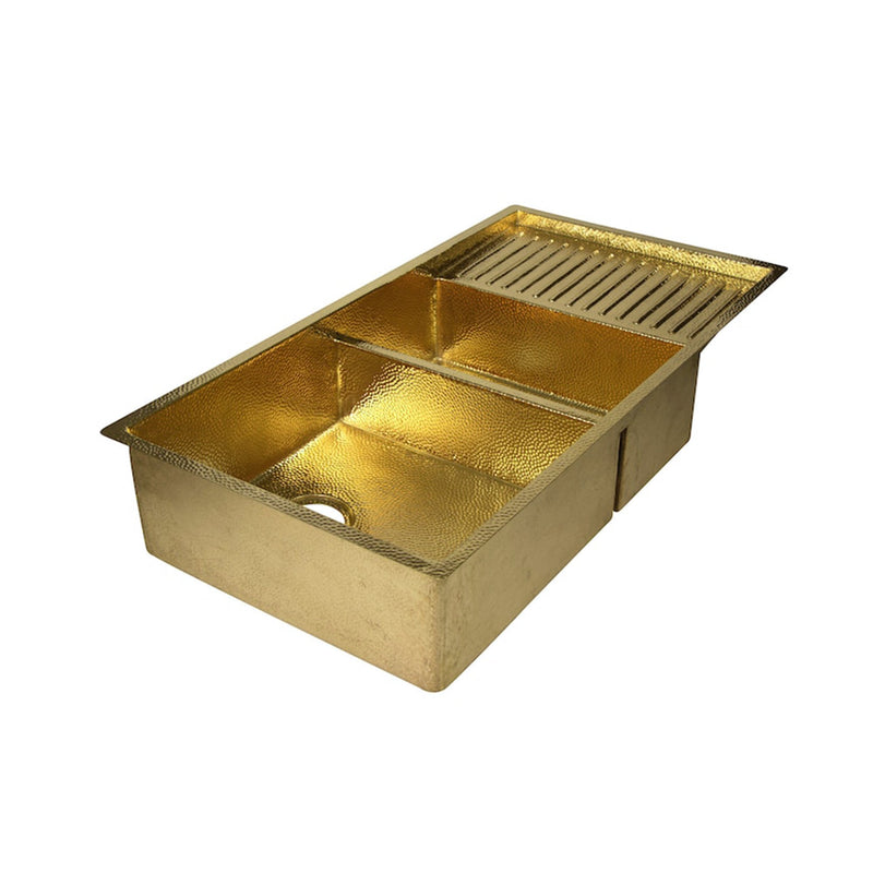 Drop-In Double Bowl Brass Kitchen Sink With Drainboard-Vexa