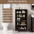 Brown Bathroom Towel Linen Cabinet with Glass Doors and Storage Shelves