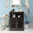 Brown Farmhouse Bathroom Linen Cabinet with Louvered Doors and Open Shelf