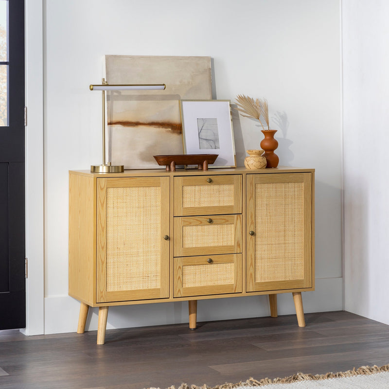 Boho 3 Drawer Solid Wood and Rattan Sideboard