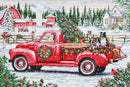 Red Christmas Truck Snowy Farm Counted Cross Stitch Kit by Luca-S BU5101L