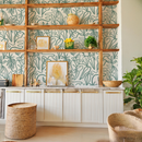Inked Foliage Wallpaper, white and teal
