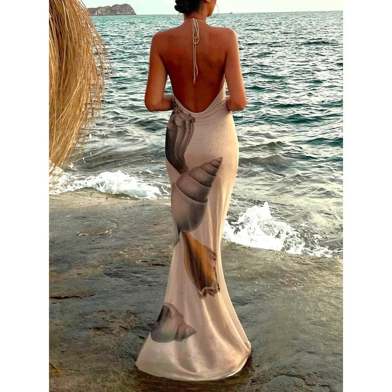 mesh maxi beach dress Beach Seashell Print Halterneck Mesh Maxi Dress [Sizes S-L] Khaki / L