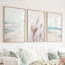 Coastal Boho Wall Art. Beach Pampas Grass, Blue Ocean Waves